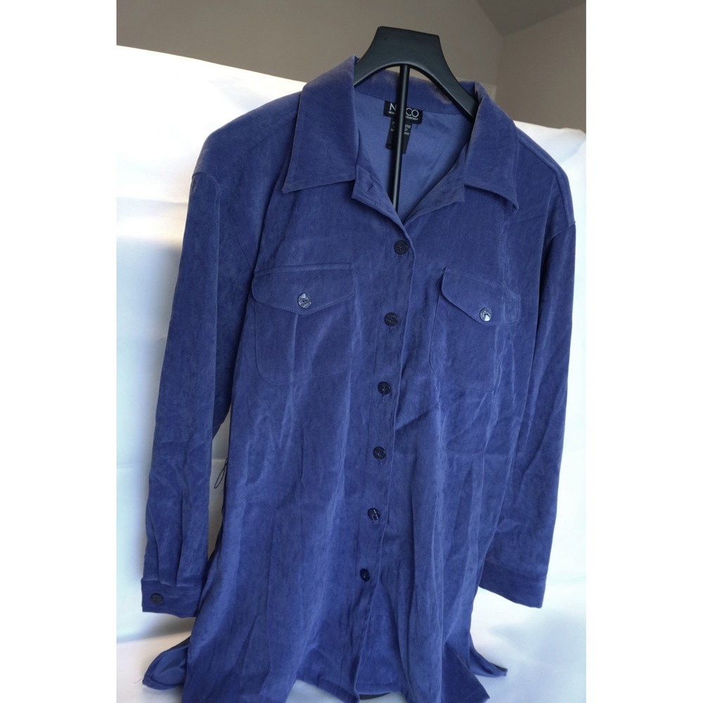 NY & Company Blue Faux Suede Button Down Shirt Jacket Long Sleeve Utility Top M